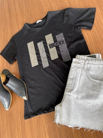 Vogue Yazı Detaylı Taş İşlemeli Tshirt (Siyah)