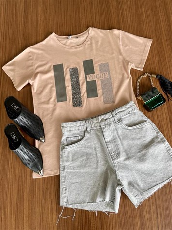 Vogue Yazı Detaylı Taş İşlemeli Tshirt (Bej)
