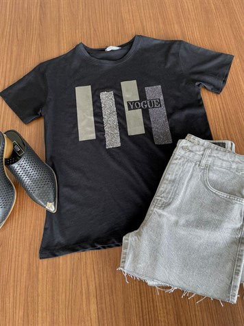 Vogue Yazı Detaylı Taş İşlemeli Tshirt (Siyah)
