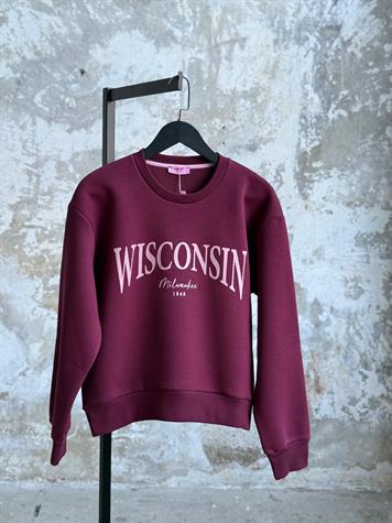 Wisconsin Baskılı Bisiklet Yaka Oversize Sweatshirt (Mürdüm)