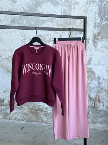 Wisconsin Baskılı Bisiklet Yaka Oversize Sweatshirt (Mürdüm)