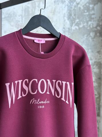 Wisconsin Baskılı Bisiklet Yaka Oversize Sweatshirt (Mürdüm)