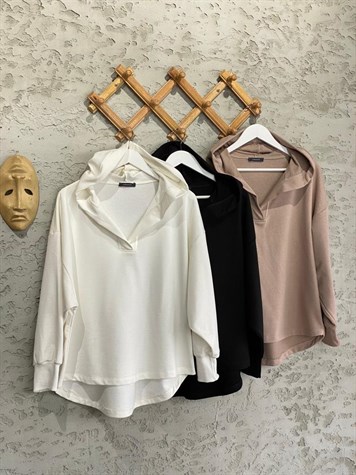 Yaka Detaylı Kapüşonlu Sweat (Ekru)