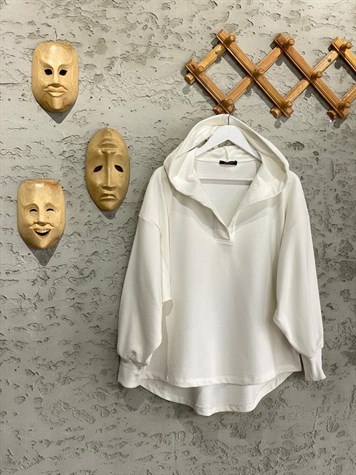 Yaka Detaylı Kapüşonlu Sweat (Ekru)