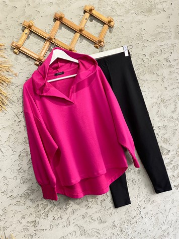 Yaka Detaylı Kapüşonlu Sweat (Fuşya)