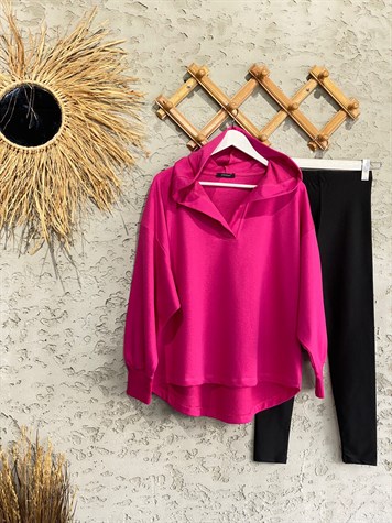 Yaka Detaylı Kapüşonlu Sweat (Fuşya)