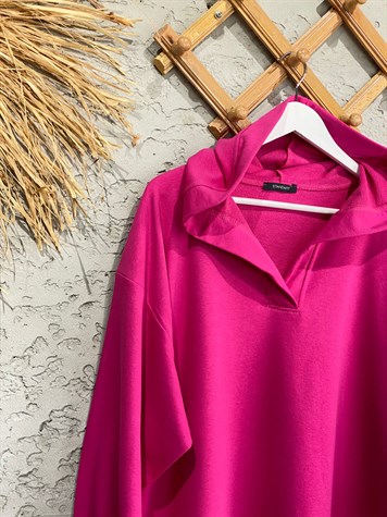 Yaka Detaylı Kapüşonlu Sweat (Fuşya)