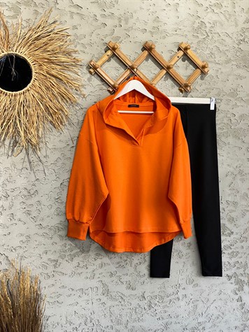 Yaka Detaylı Kapüşonlu Sweat (Oranj)