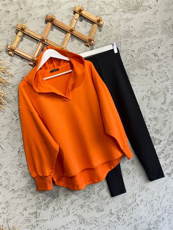 Yaka Detaylı Kapüşonlu Sweat (Oranj)
