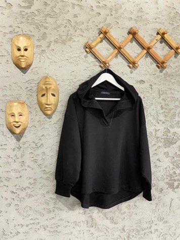 Yaka Detaylı Kapüşonlu Sweat (Siyah)