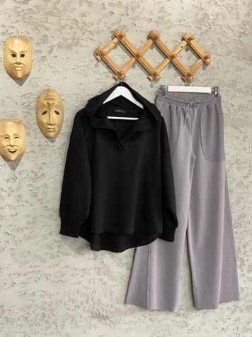 Yaka Detaylı Kapüşonlu Sweat (Siyah)