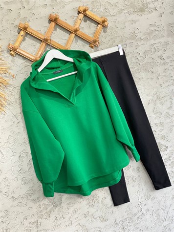 Yaka Detaylı Kapüşonlu Sweat (Yeşil)