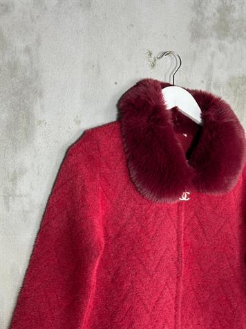 Yakası Angora Kürk Detaylı Kadın Hırka (Bordo)