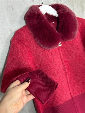 Yakası Angora Kürk Detaylı Kadın Hırka (Bordo)