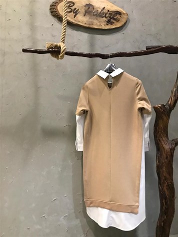 Yanları Coton  Kumaş Detaylı Sweat Tunik Elbise  (BEJ)