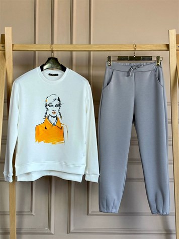 Yanları Düğmeli Kadın Figürlü Sweat (Turuncu)