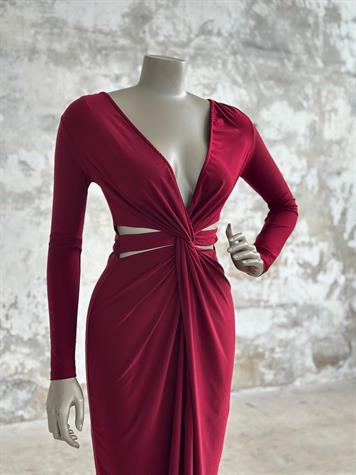 Yanları Pencere Detaylı Midi Elbise (Bordo)