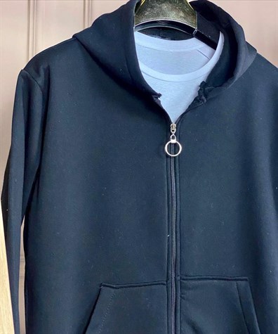 Yanları Yırtmaçlı Kapşonlu Sweat Hırka (Siyah)