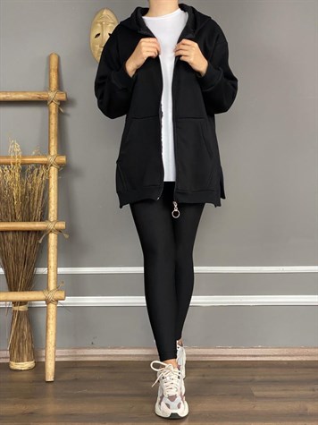 Yanları Yırtmaçlı Kapşonlu Sweat Hırka (Siyah)