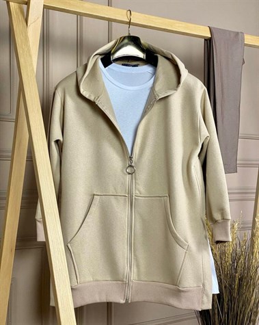 Yanları Yırtmaçlı Kapşonlu Sweat Hırka (Camel)