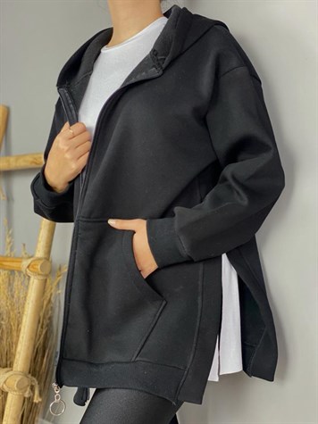 Yanları Yırtmaçlı Kapşonlu Sweat Hırka (Siyah)