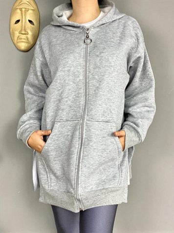 Yanları Yırtmaçlı Kapşonlu Sweat Hırka (Gri)