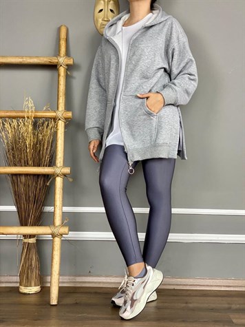Yanları Yırtmaçlı Kapşonlu Sweat Hırka (Gri)