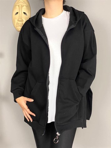 Yanları Yırtmaçlı Kapşonlu Sweat Hırka (Siyah)