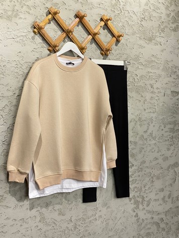 Yanları Yırtmaçlı Şardonlu Sweat (Bej)