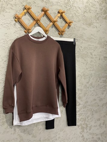 Yanları Yırtmaçlı Şardonlu Sweat (Kahve)