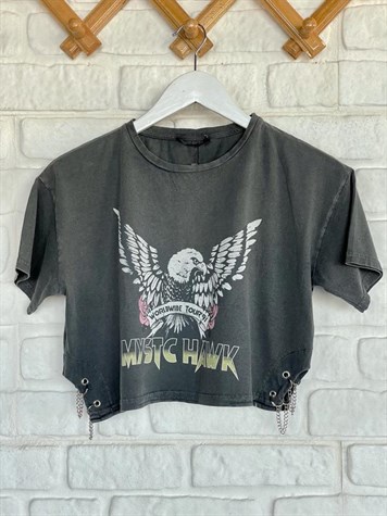 Yanları Zincir Detaylı Baskılı Tshirt