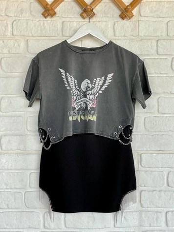 Yanları Zincir Detaylı Baskılı Tshirt