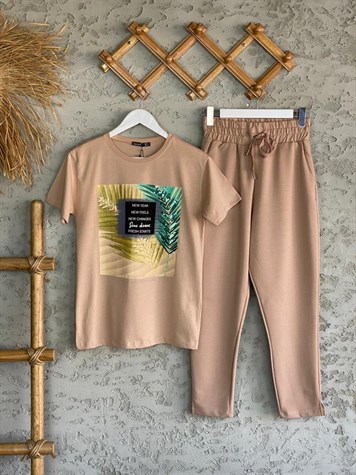 Yaprak Desenli Pul Payet İşlemeli Tshirt (Bej)