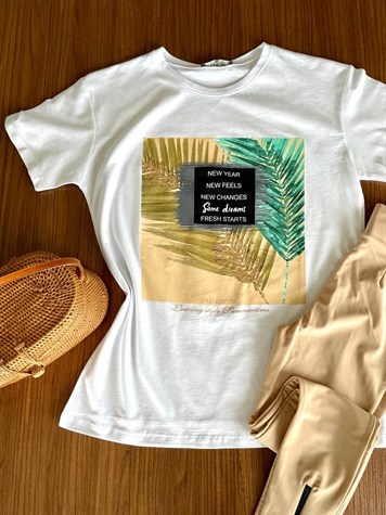 Yaprak Desenli Pul Payet İşlemeli Tshirt (Beyaz)