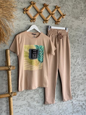 Yaprak Desenli Pul Payet İşlemeli Tshirt (Bej)