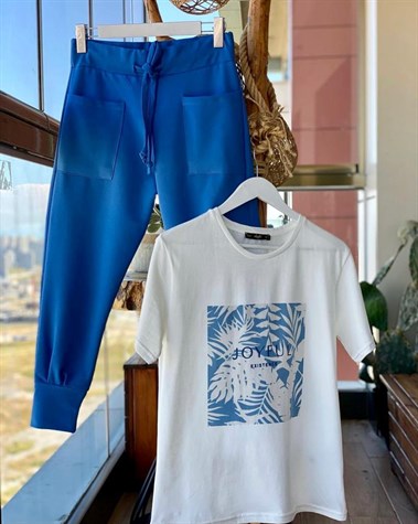 Yaprak Desenli Tshirt (Mavi)