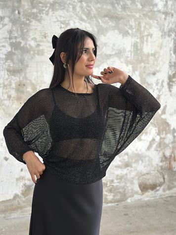 Yarasa Kol Fileli Sim Geçişli Kadın Bluz (Siyah)