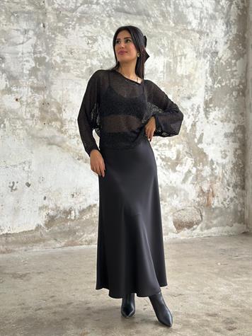 Yarasa Kol Fileli Sim Geçişli Kadın Bluz (Siyah)