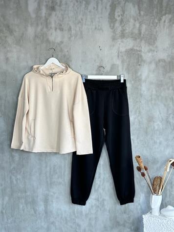Yarım Fermuarlı Kapşonlu Sweat (Bej)