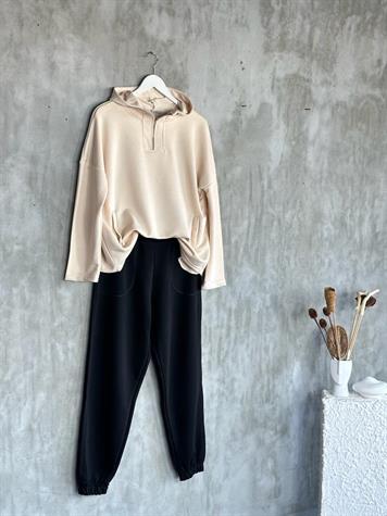 Yarım Fermuarlı Kapşonlu Sweat (Bej)