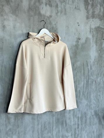 Yarım Fermuarlı Kapşonlu Sweat (Bej)
