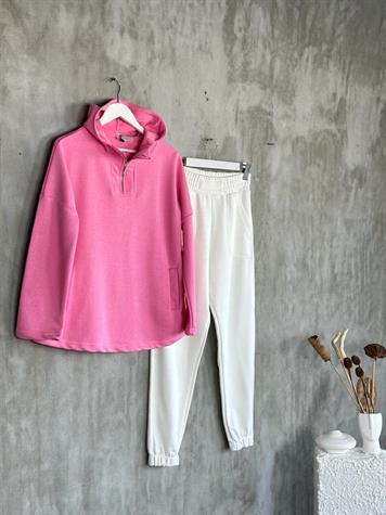 Yarım Fermuarlı Kapşonlu Sweat (Pembe)
