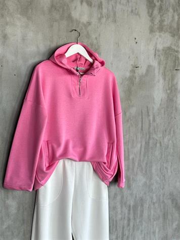 Yarım Fermuarlı Kapşonlu Sweat (Pembe)
