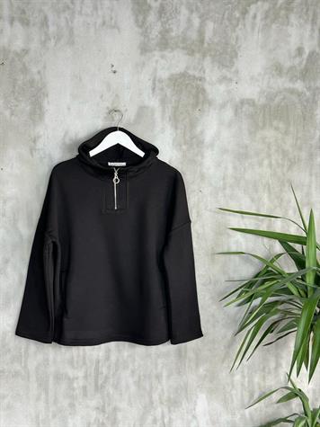 Yarım Fermuarlı Kapşonlu Sweat (Siyah)
