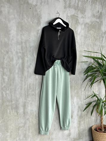 Yarım Fermuarlı Kapşonlu Sweat (Siyah)