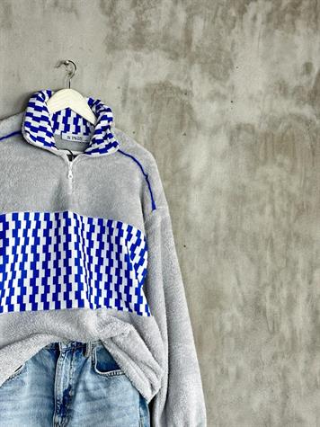 Yarım Fermuarlı Peluş Kadın Sweat (Gri) 
