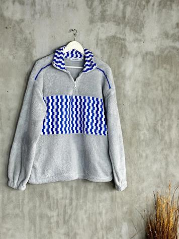 Yarım Fermuarlı Peluş Kadın Sweat (Gri) 