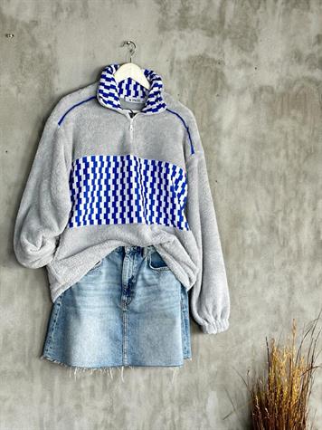 Yarım Fermuarlı Peluş Kadın Sweat (Gri) 
