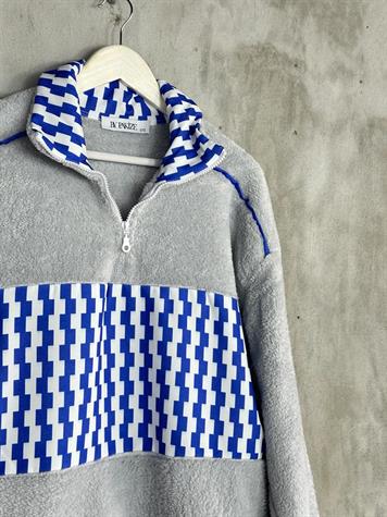 Yarım Fermuarlı Peluş Kadın Sweat (Gri) 