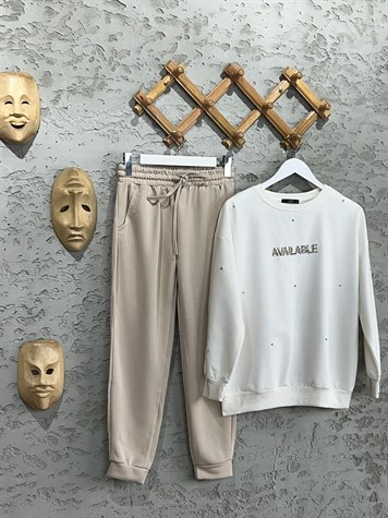 Yazı Baskılı Damla Taşlı Sweat (Ekru)